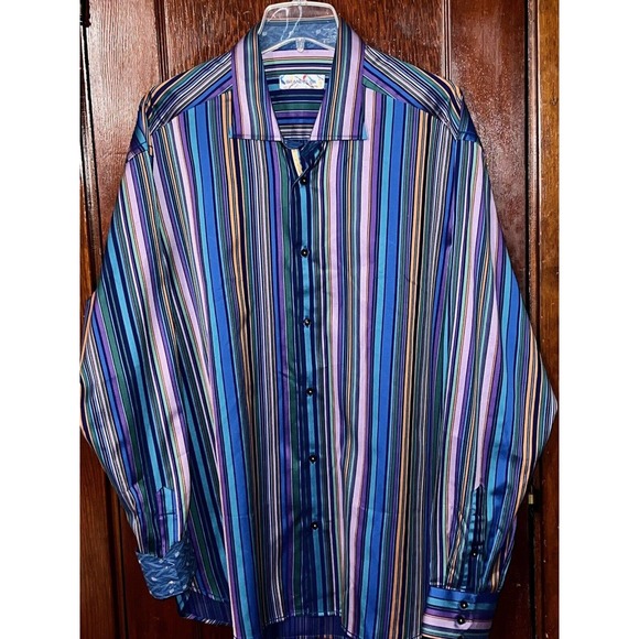 BRANDOLINI BLUE MULTI COLOR STRIPED COTTON SHIRT XXL FLIP CUFFS NICE SHEEN - Picture 2 of 4